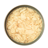 Open can of Kakato Salmon & Chicken wet pet food showing shredded salmon and chicken in jelly